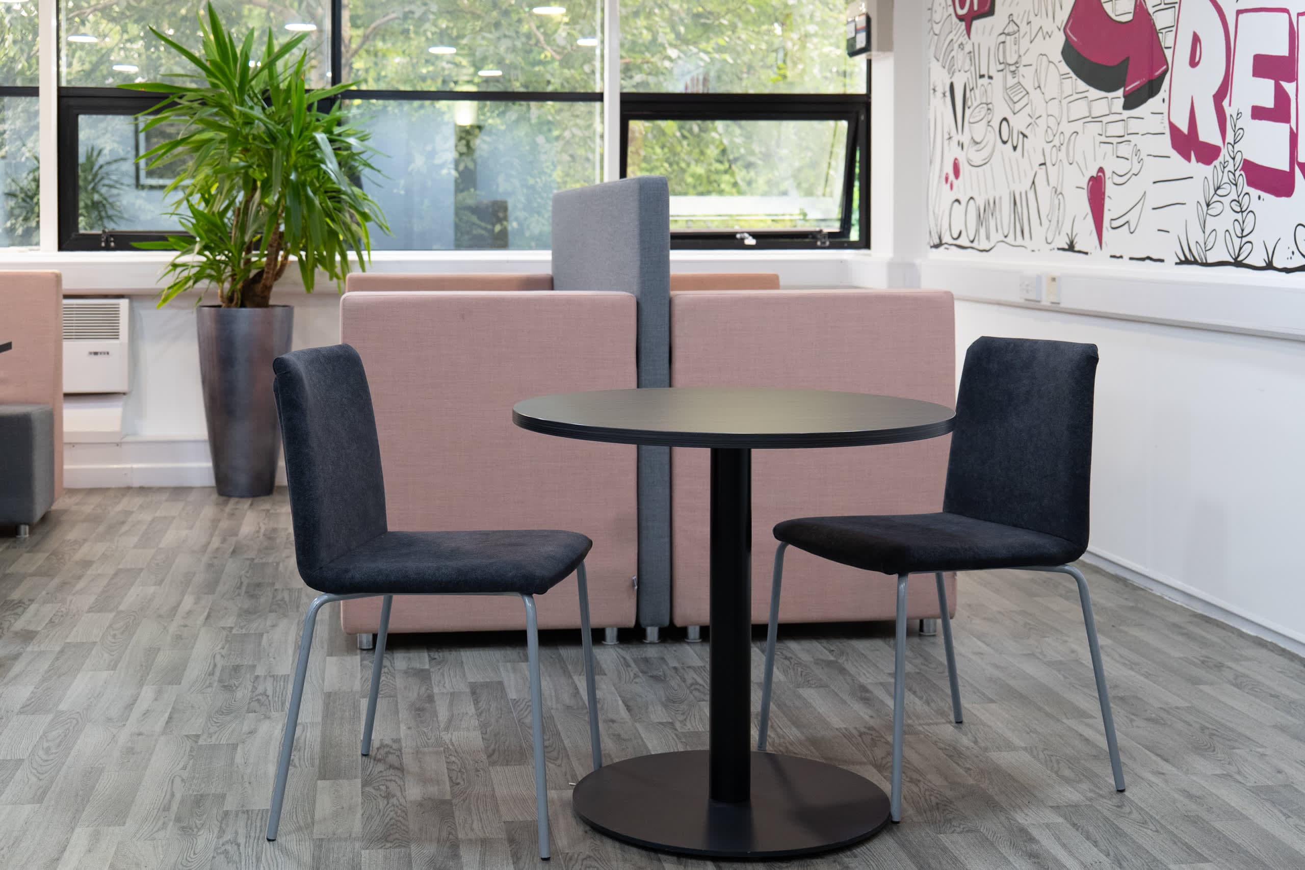 High cafe table detail in the Genesis Centre communal breakout lounge, Birchwood Warrington