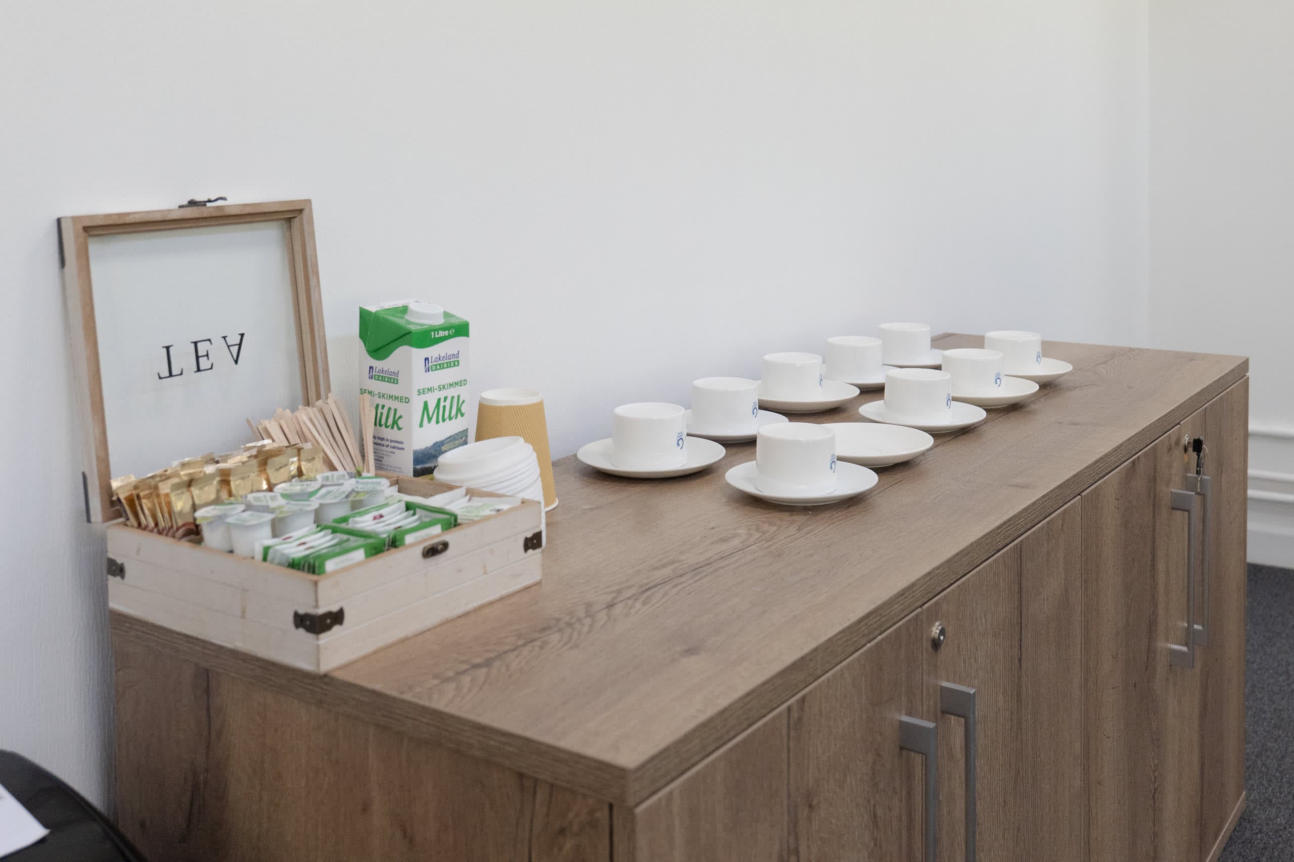 Dedicated refreshment and kitchenette station serving the Genesis Centre meeting wing, Birchwood Warrington