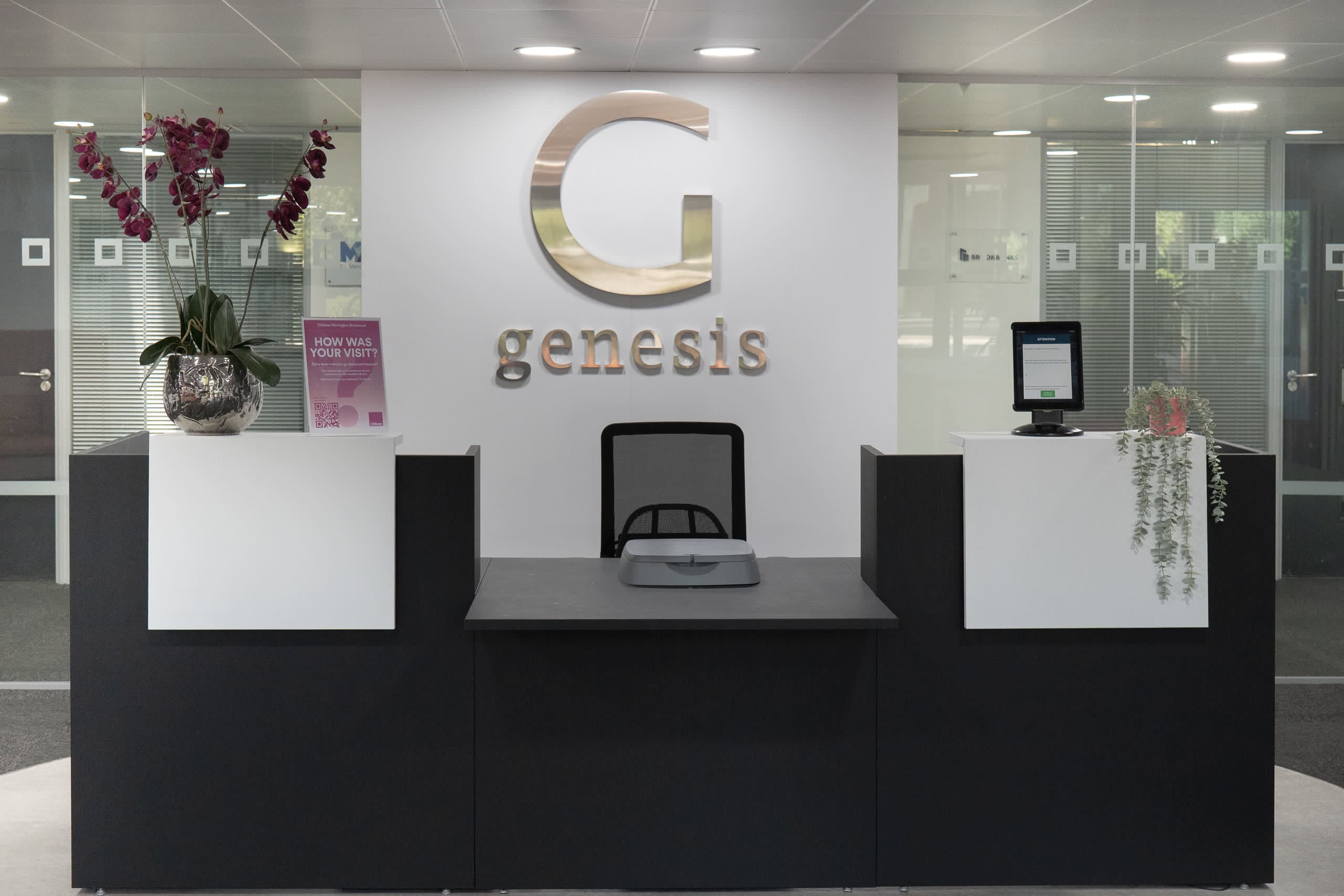 Main front-of-house reception desk at Genesis Centre in Birchwood, Warrington