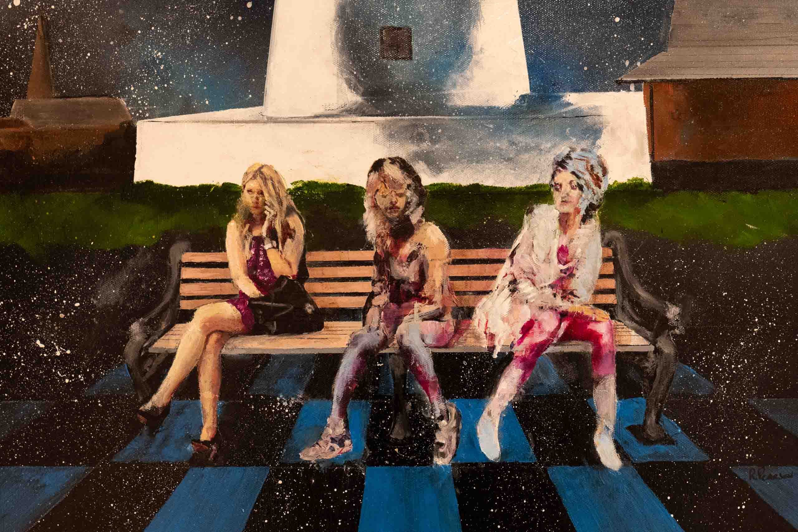 Harris Museum Open Exhibition 2026 — close-up detail of figurative oil painting depicting three women seated on a park bench against a night sky