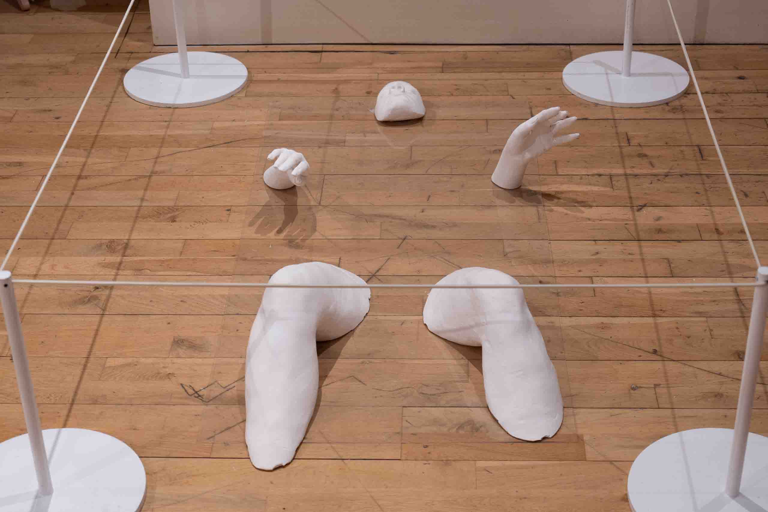 Harris Museum Open Exhibition 2026 — sculptural floor installation of fragmented white plaster body parts arranged within a wire frame structure