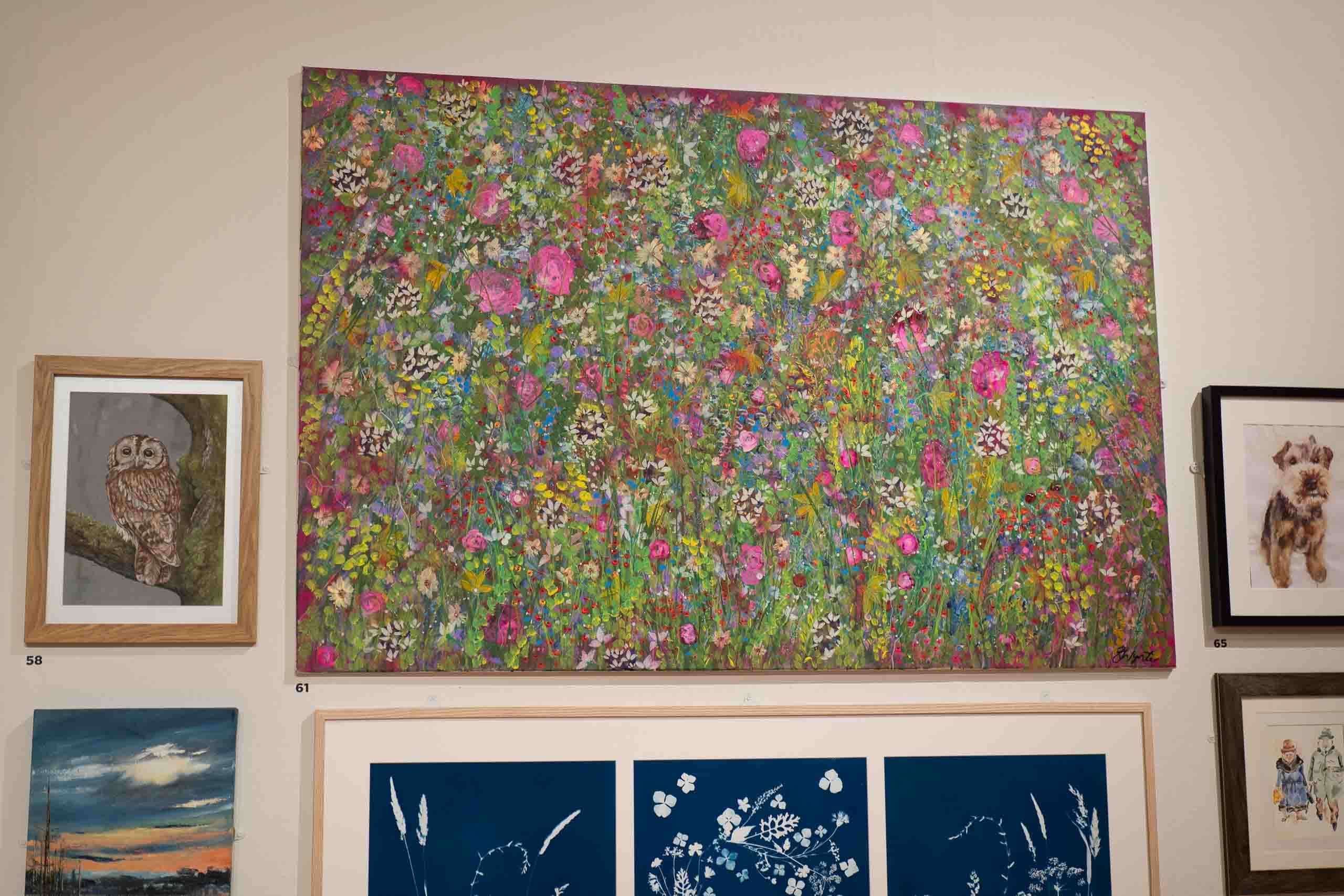 Harris Museum Open Exhibition 2026 — large wildflower meadow oil painting with rich floral detail, displayed alongside nature cyanotype prints
